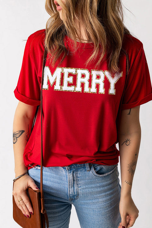Letter Print Cuffed Sleeve Crew Neck Tee