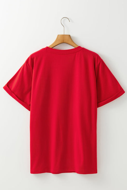 Letter Print Cuffed Sleeve Crew Neck Tee