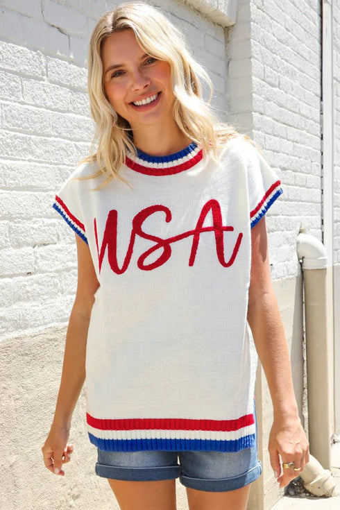 Letter Print Striped Trim Round Neck Knit Short Sleeve Sweater