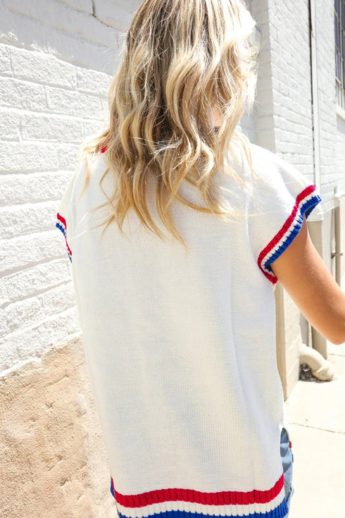 Letter Print Striped Trim Round Neck Knit Short Sleeve Sweater