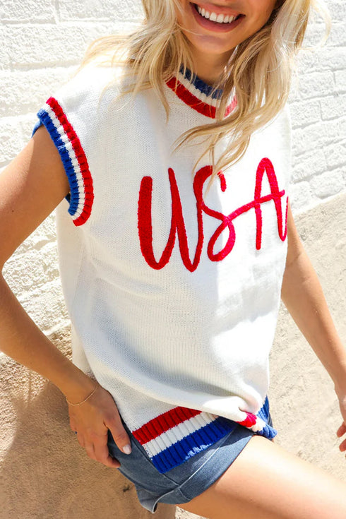 Letter Print Striped Trim Round Neck Knit Short Sleeve Sweater