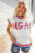 Letter Print Striped Trim Round Neck Knit Short Sleeve Sweater