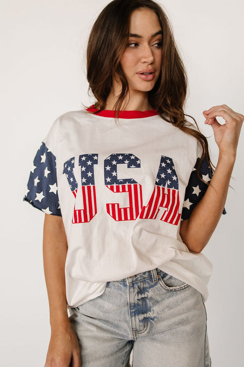 Letter Print USA Flag Graphic Patchwork Tee