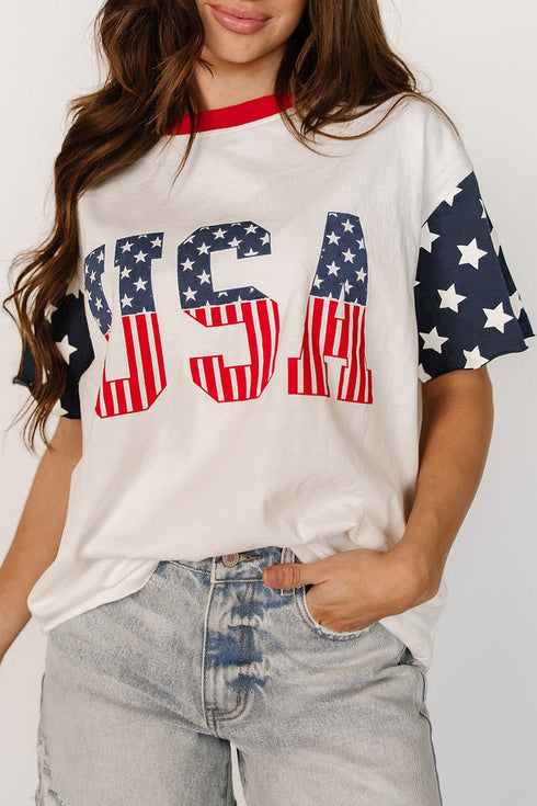 Letter Print USA Flag Graphic Patchwork Tee