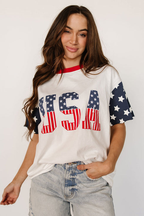 Letter Print USA Flag Graphic Patchwork Tee