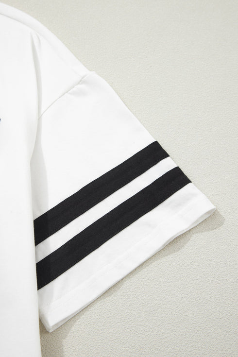 Letter Print Varsity Striped Sleeve Round Neck Tee