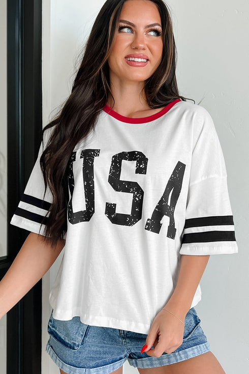 Letter Print Varsity Striped Sleeve Round Neck Tee