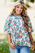 Light Blue Abstract Print Puff Sleeve Mock Neck Blouse
