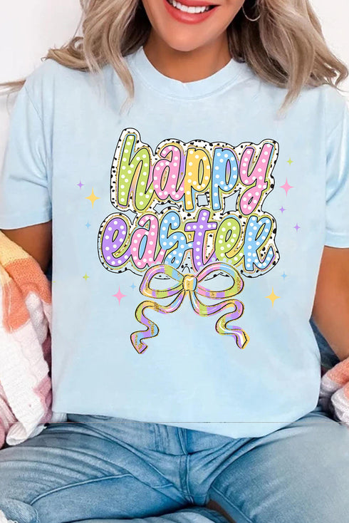 Light Blue happy easter Bowknot Printed Crewneck T Shirt