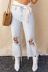 Light Blue High Rise Ripped Frayed Hem Straight Jeans