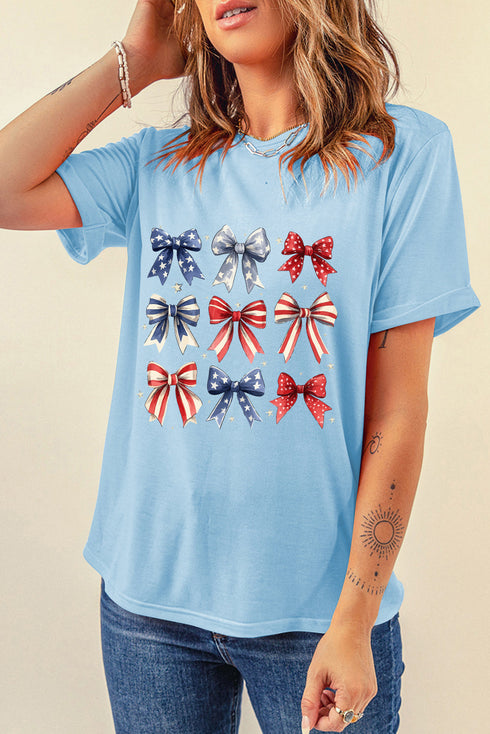 Light Blue Independence Day Bowknot Graphic Tee