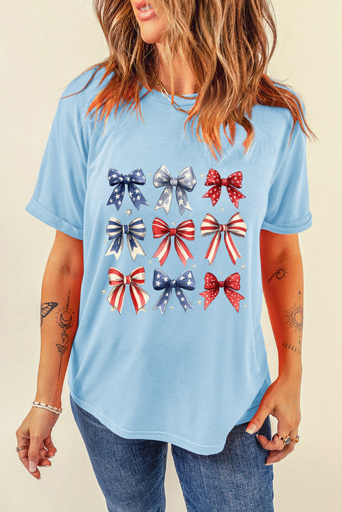 Light Blue Independence Day Bowknot Graphic Tee