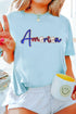 Light Blue Sequin America Graphic Crewneck Patriotic T Shirt