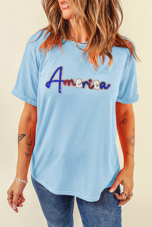 Light Blue Sequin America Graphic Crewneck Patriotic T Shirt