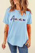 Light Blue Sequin America Graphic Crewneck Patriotic T Shirt