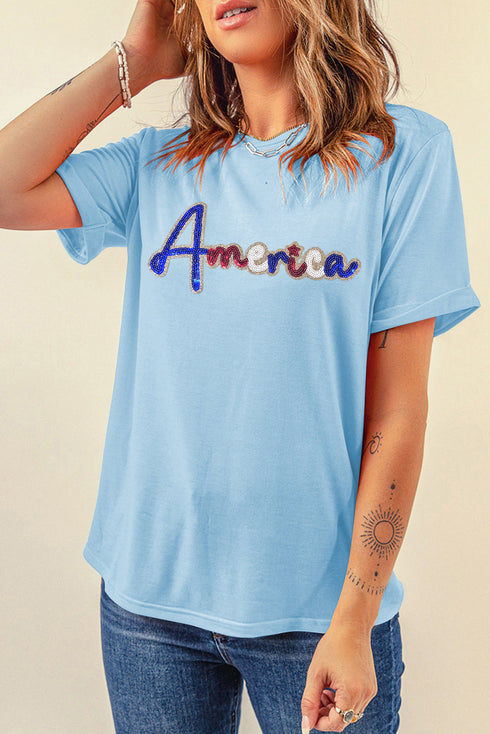 Light Blue Sequin America Graphic Crewneck Patriotic T Shirt