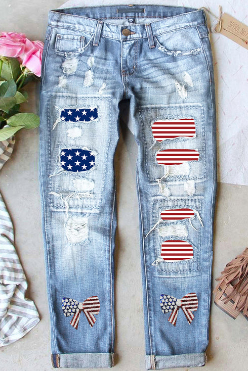 Light Blue Stars and Stripes Bow Patched Distressed Straight Jeans