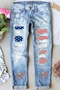 Light Blue Stars and Stripes Bow Patched Distressed Straight Jeans