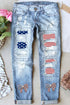 Light Blue Stars and Stripes Bow Patched Distressed Straight Jeans