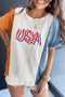Light Blue USA Embroidered Cable Textured Knit Cuffed Sleeve Colorblock Tee