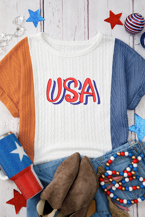 Light Blue USA Embroidered Cable Textured Knit Cuffed Sleeve Colorblock Tee