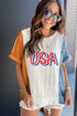 Light Blue USA Embroidered Cable Textured Knit Cuffed Sleeve Colorblock Tee