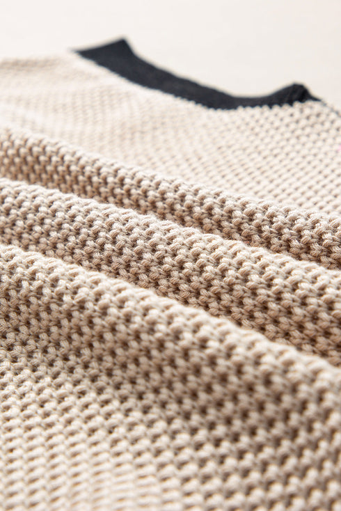 Light French Beige Contrast Trim Round Neck Batwing Sleeve Sweater Top