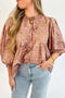 Light French Beige Floral Print Bow Pintuck Bust Half Puff Sleeve Blouse Top