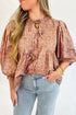 Light French Beige Floral Print Bow Pintuck Bust Half Puff Sleeve Blouse Top