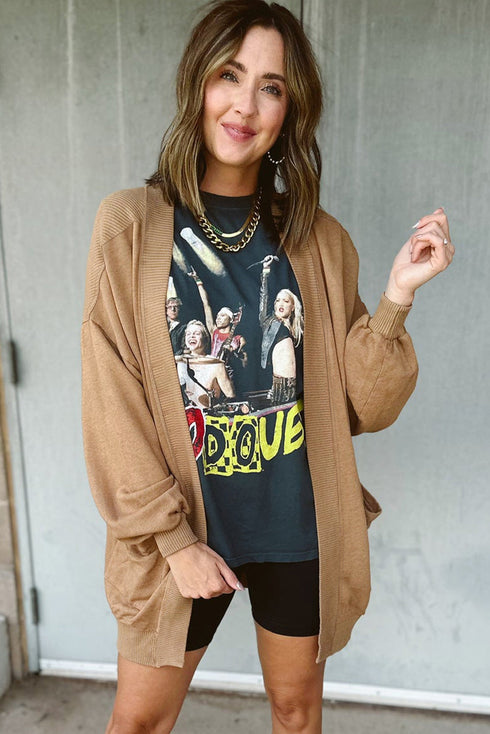 Light French Beige Ribbed Edge Exposed Seam Knit Cardigan with Pockets