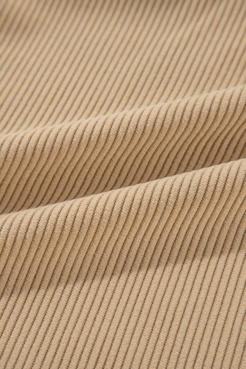 Light French Beige Solid Frilled Flap Pocket Button Up Corduroy Shacket