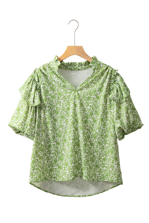 Light Green Floral Ruffle Puff Short Sleeve Frilled Collar V Neck Blouse