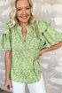 Light Green Floral Ruffle Puff Short Sleeve Frilled Collar V Neck Blouse