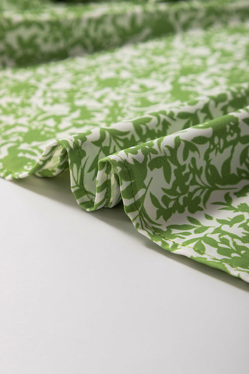 Light Green Floral Ruffle Puff Short Sleeve Frilled Collar V Neck Blouse