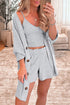 Light Grey 3 Pieces Rib Crop Camisole Matching Shorts Lounge Set with Cardigan