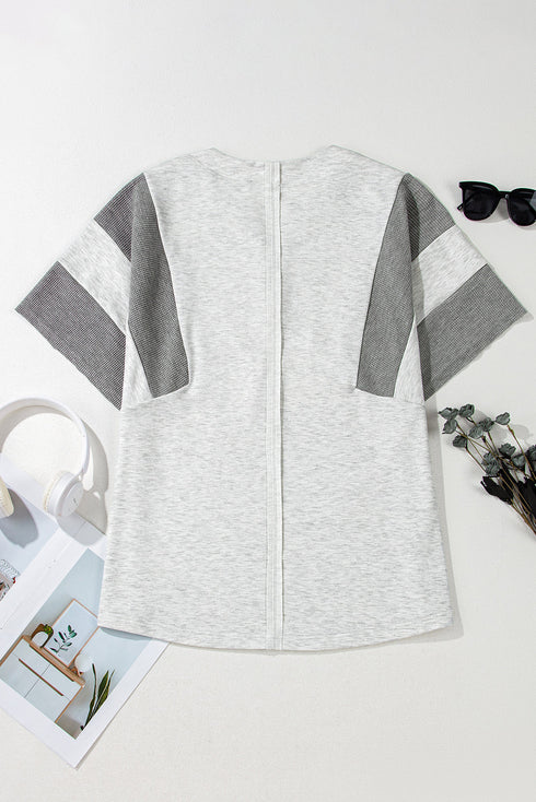 Light Grey Two Tone Contrast Waffle Knit Patched Buttoned V Neck Top