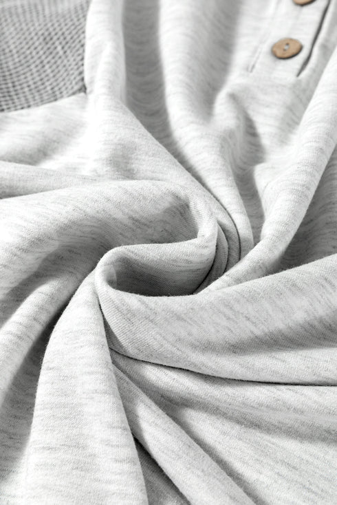 Light Grey Two Tone Contrast Waffle Knit Patched Buttoned V Neck Top