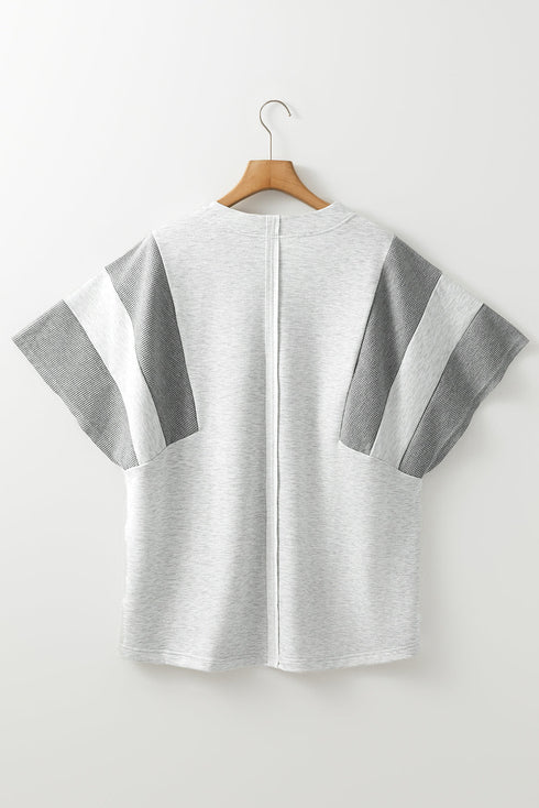 Light Grey Two Tone Contrast Waffle Knit Patched Buttoned V Neck Top