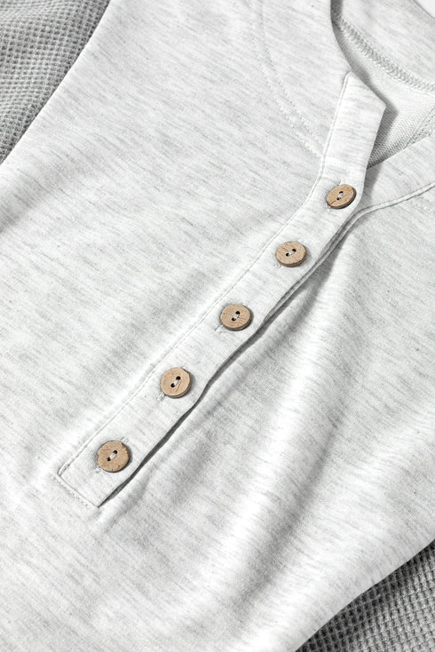 Light Grey Two Tone Contrast Waffle Knit Patched Buttoned V Neck Top