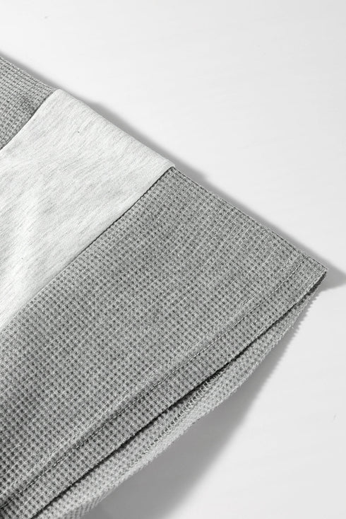 Light Grey Two Tone Contrast Waffle Knit Patched Buttoned V Neck Top