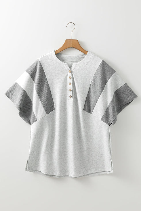 Light Grey Two Tone Contrast Waffle Knit Patched Buttoned V Neck Top