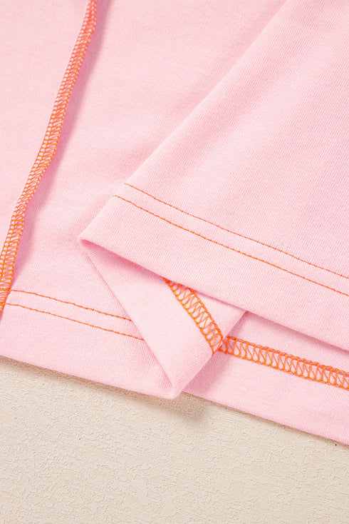 Light Pink Lace Patchwork Exposed Seam V Neck T Shirt