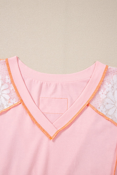 Light Pink Lace Patchwork Exposed Seam V Neck T Shirt