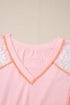 Light Pink Lace Patchwork Exposed Seam V Neck T Shirt