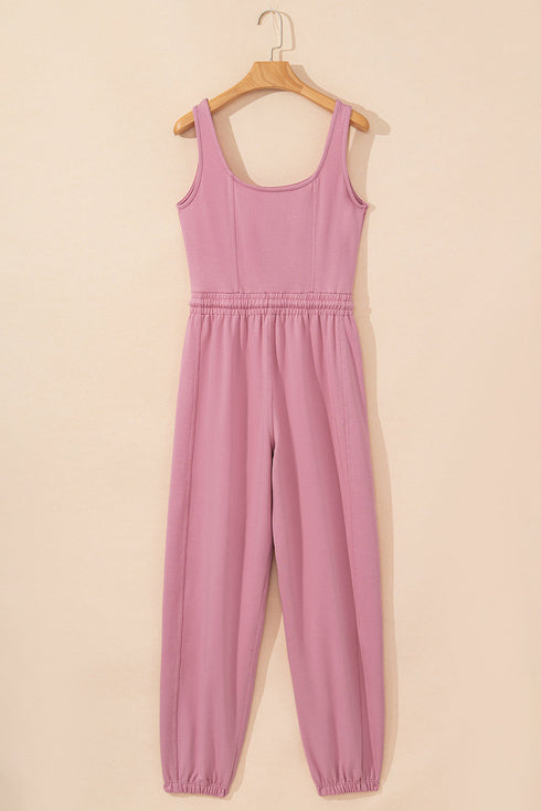 Light Pink Lace-up Elastic Waist Sleeveless Square Neck Jumpsuit