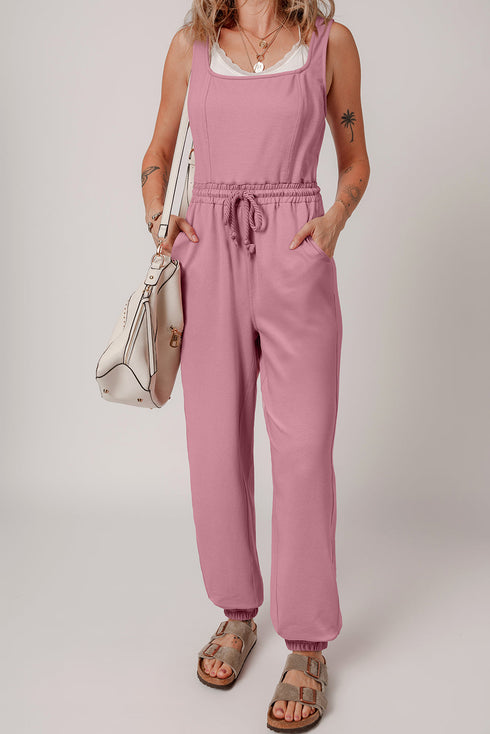 Light Pink Lace-up Elastic Waist Sleeveless Square Neck Jumpsuit