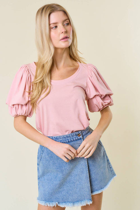 Light Pink Scoop Neck Bubble Sleeve Tee