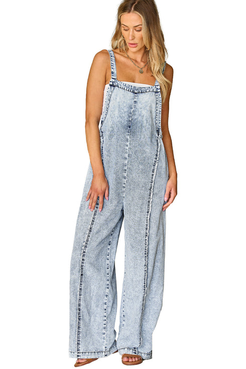 Light Wash Frayed Exposed Seam Wide Leg Denim Overall