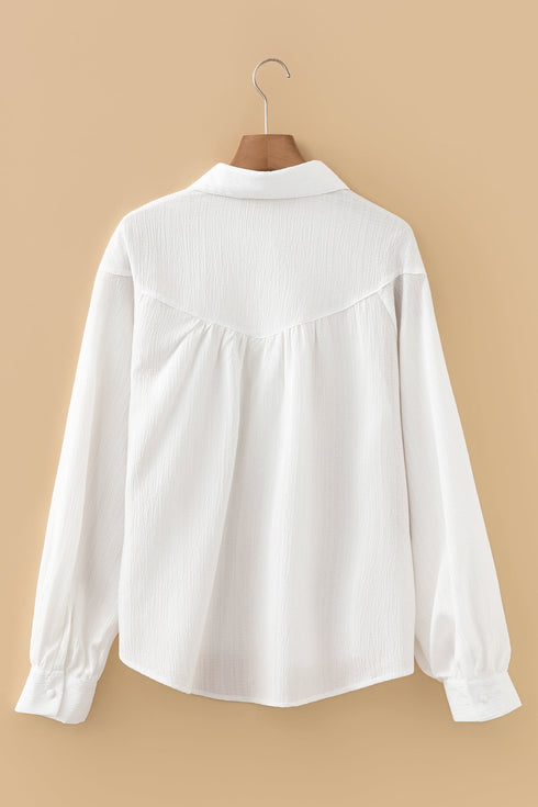 Lightweight Crinkle Texture Balloon Sleeve Button Down Shirt