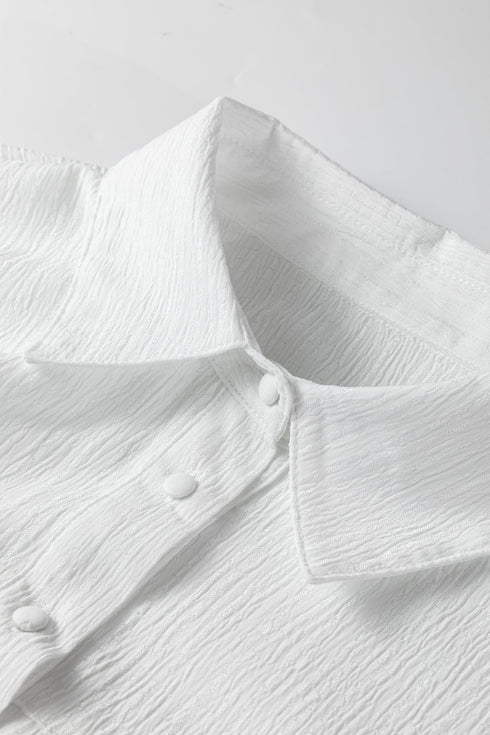 Lightweight Crinkle Texture Balloon Sleeve Button Down Shirt
